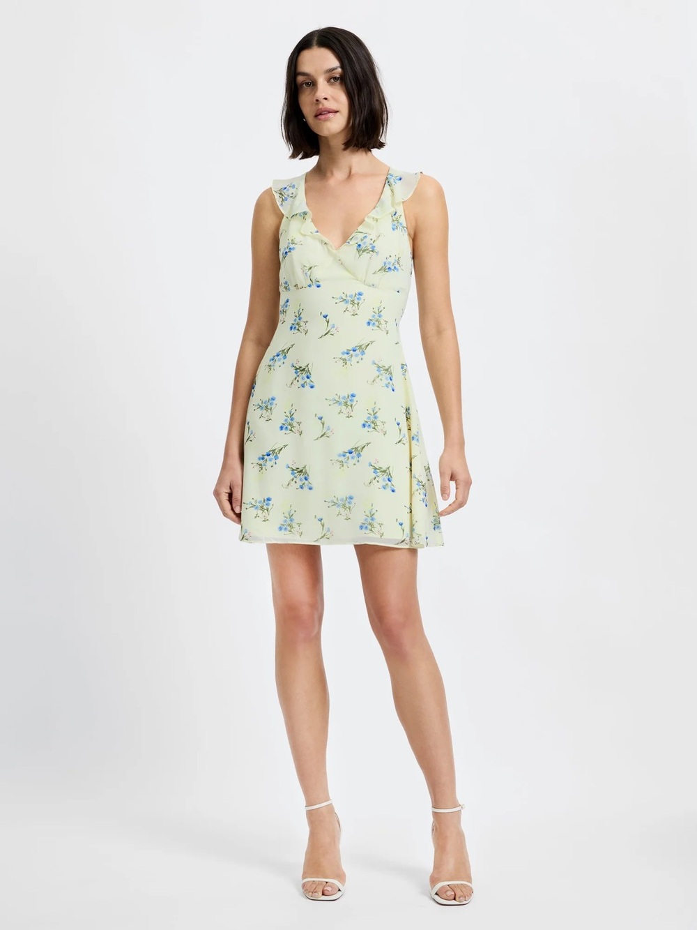 French Connection White Floral Mini Dress with Blue & Green Print